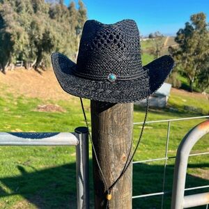 Black Straw Cowboy Hat with Turquoise Accent